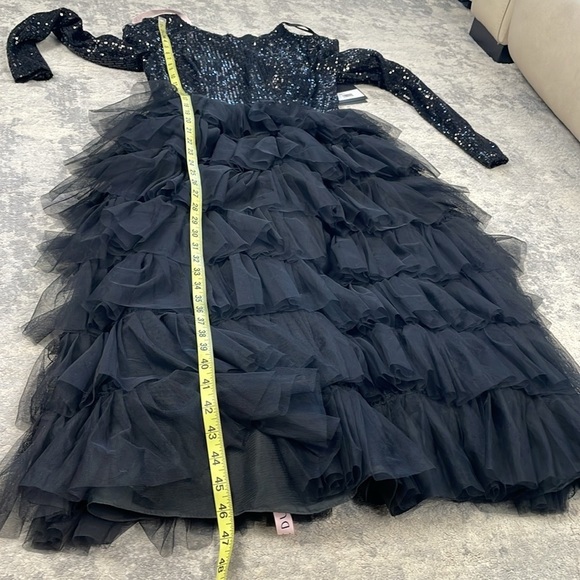 NWT Ieena Mac Duggal Black Long Sleeve Ruffle Tiered Midi Dress Sequin Sz 4 - Picture 11 of 16
